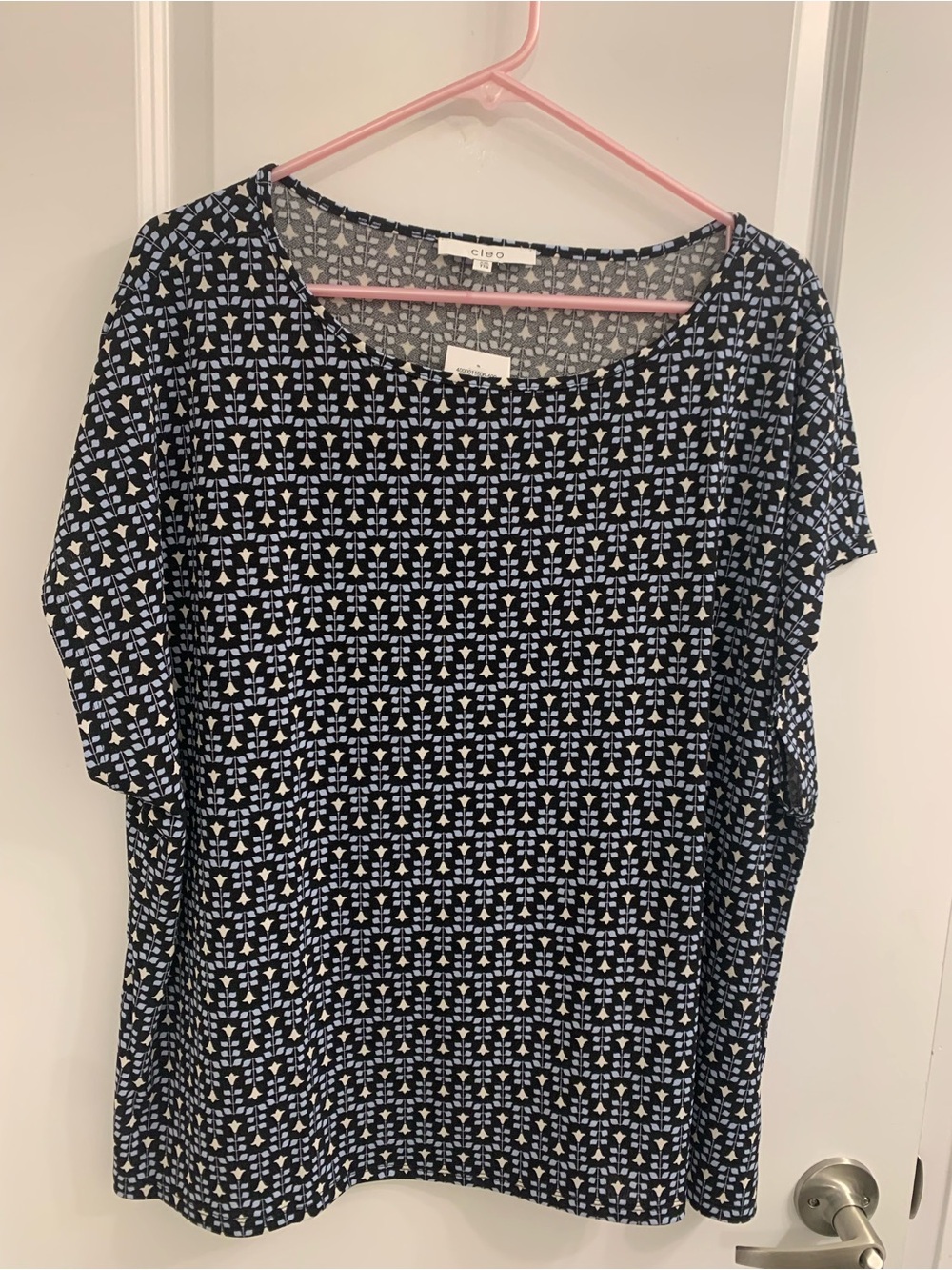 cleo Navy Blue Short Sleeve Top with Light Blue & White Geometric Print